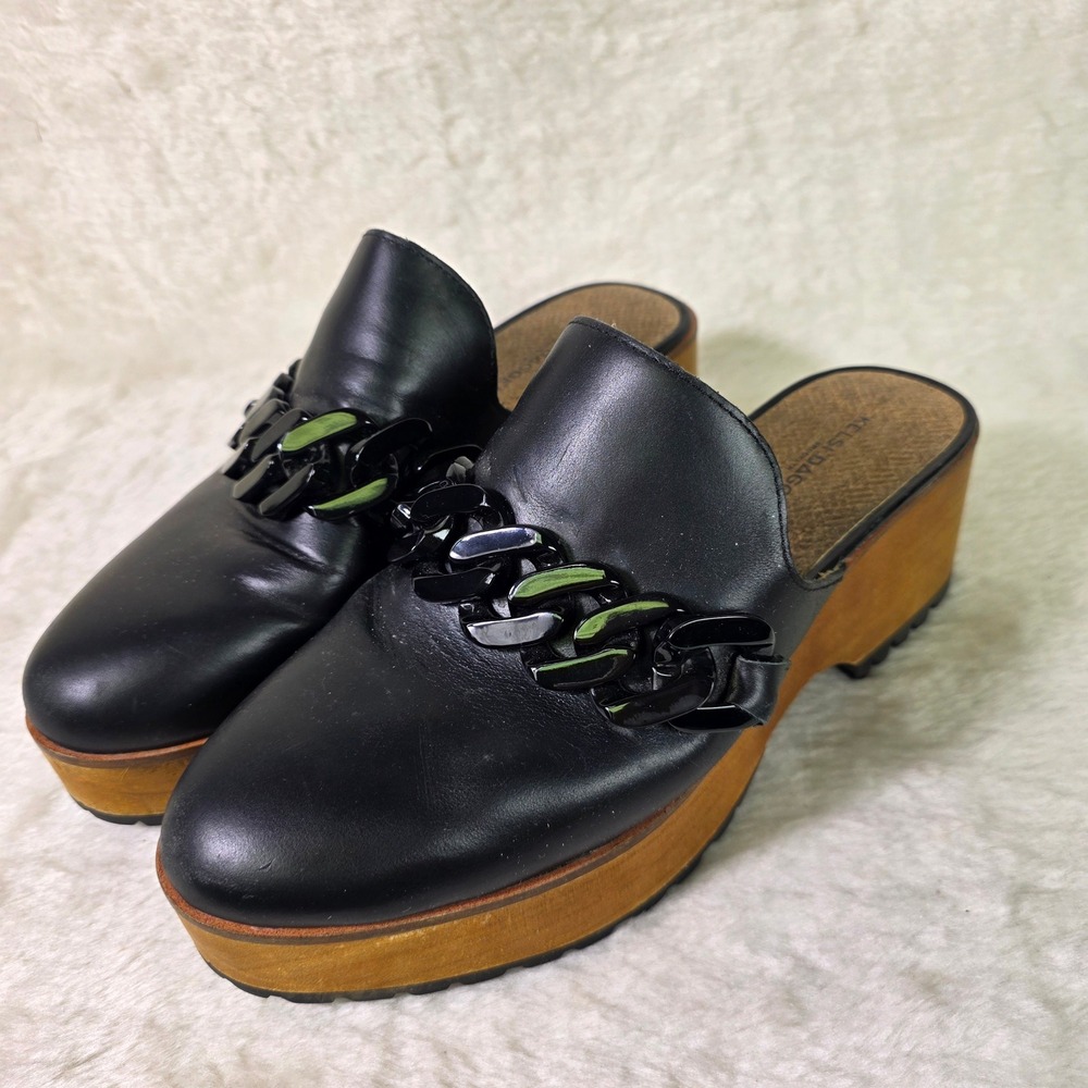 Kelsi Dagger Brooklyn Clogs Leather Chain Wood Platform Mules Black Women 9.5
